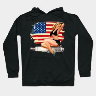 Sexy Pin Up Girl on Spark Plug - American Flag Hoodie